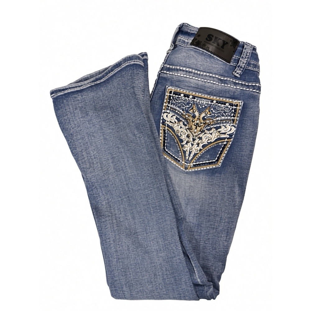 SKY Premium Collection Jeans Size 11/12 Rhinestone Embroidered Pockets- Y2K